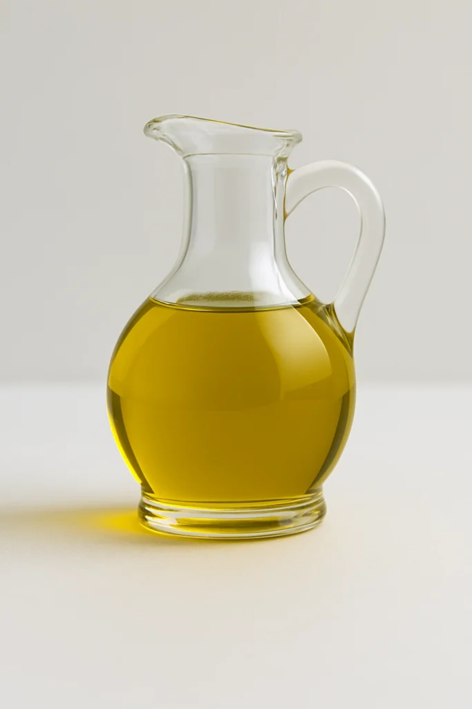 Carafe en verre remplie d’huile d’olive sur fond clair