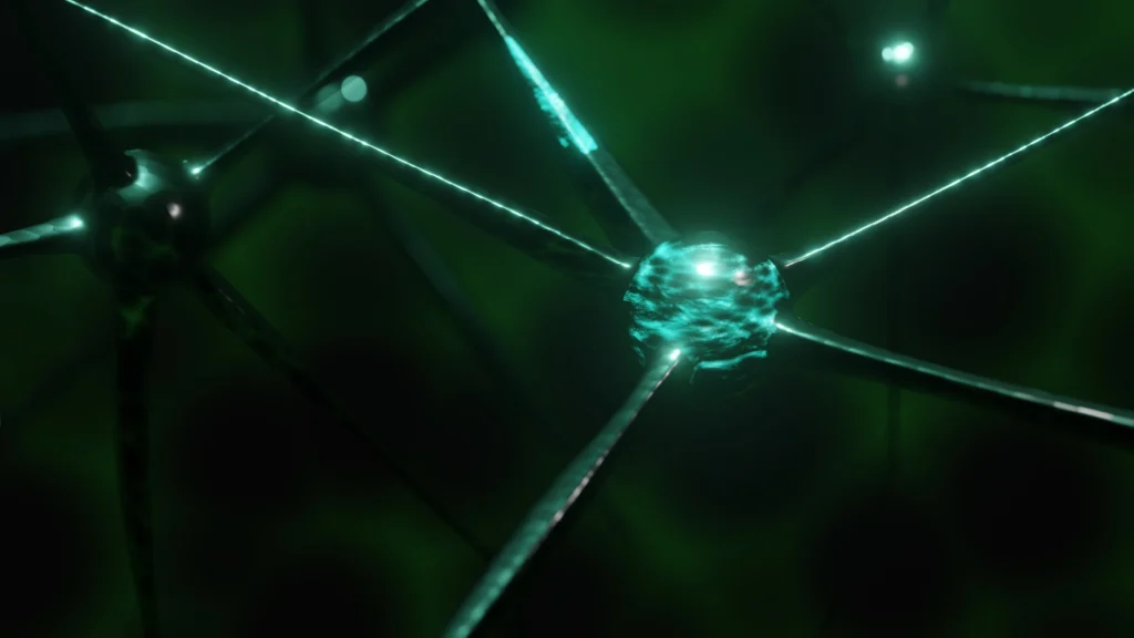 Comprendre la motivation à travers les circuits nerveux Illustration d’un neurone lumineux vert relié à d’autres cellules nerveuses sur fond sombre.