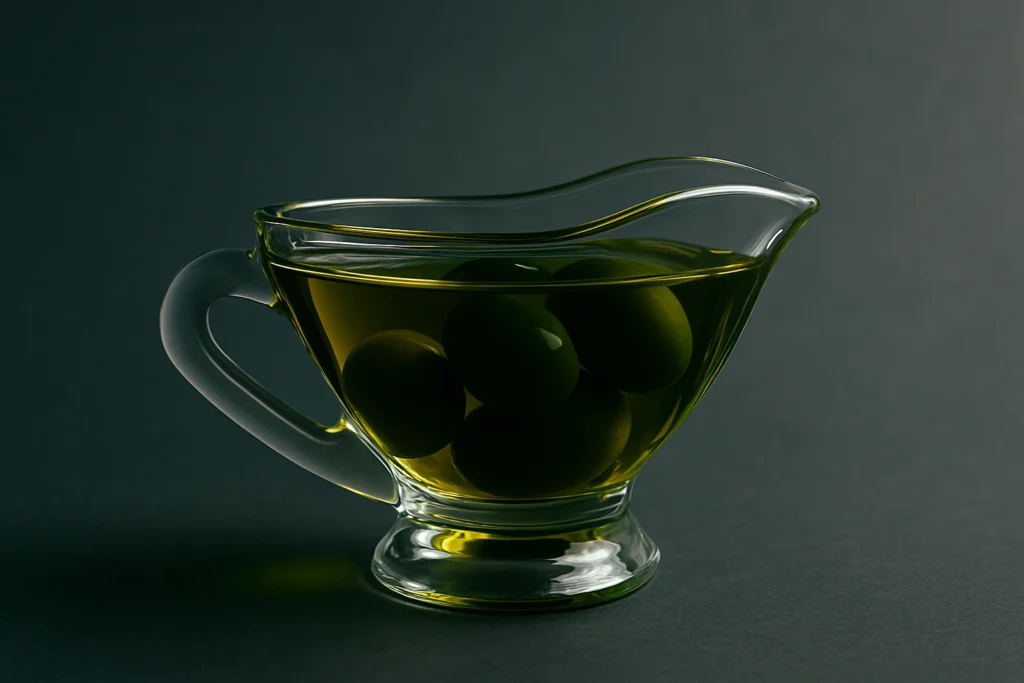 Coupelle d’huile d’olive extravierge riche en polyphénols et bénéfique pour la santé hormonale masculine