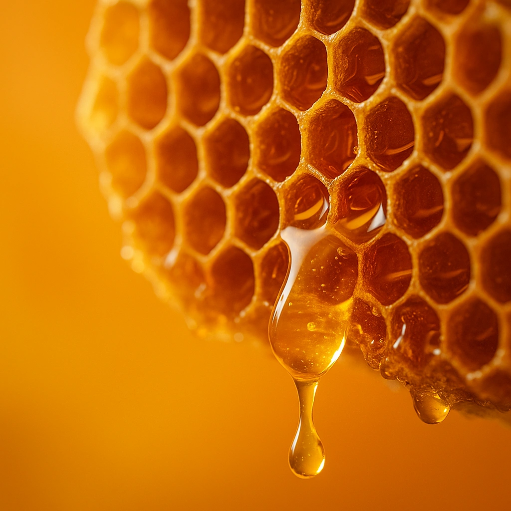 Goutte de miel naturel en gros plan, texture dorée brillante sur rayon de ruche, visuel premium scientifique et nutritionnel.