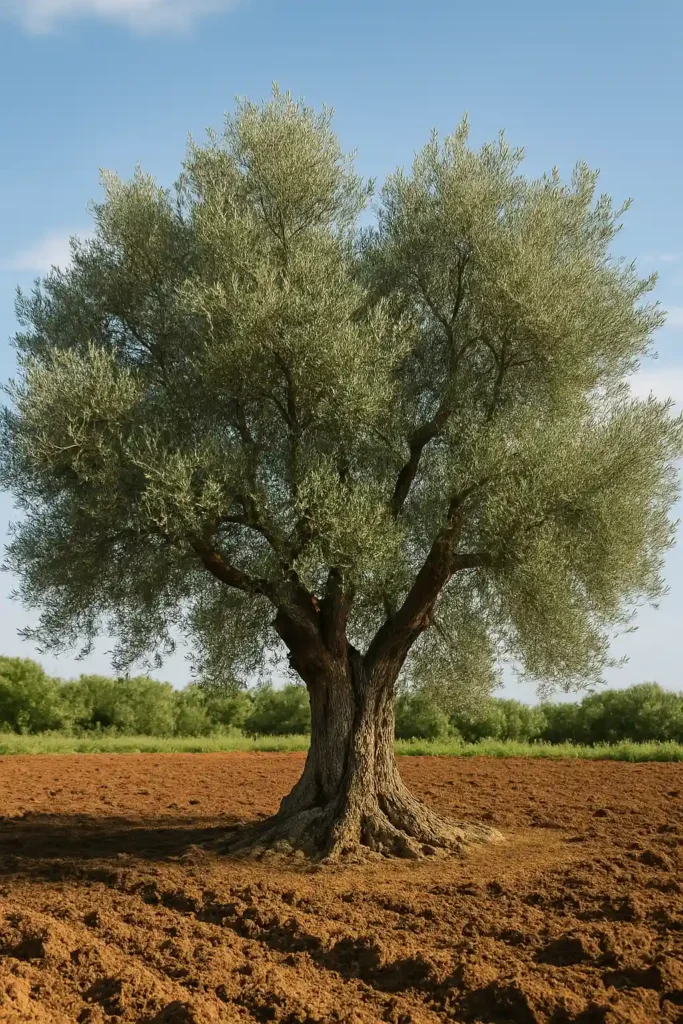 Arbre d’olivier robuste dans un champ de terre fertile sous ciel bleu