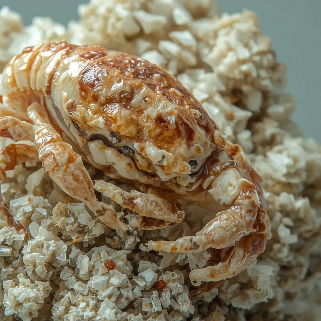 Gros plan macro d’un crustacé sur lit de sel marin, illustrant la richesse en protéines et minéraux des fruits de mer