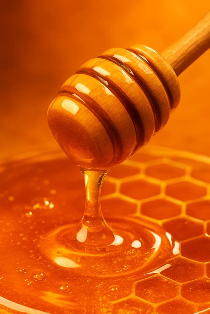 Miel naturel doré – texture riche et goutte de miel en gros plan