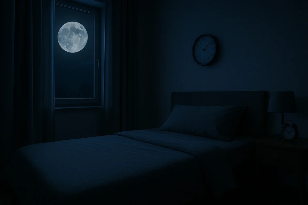 Chambre de nuit avec horloge murale, réveil et lumière de la pleine lune entrant par la fenêtre.