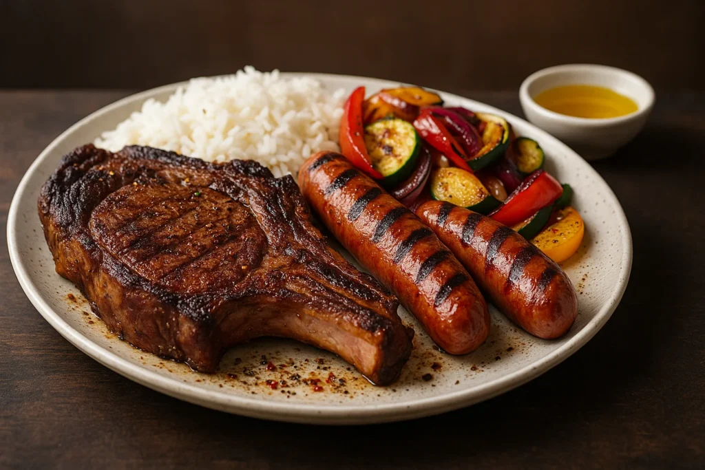 Assiette barbecue avec côtes de bœuf, saucisses grillées et légumes variés sur un fond sombre