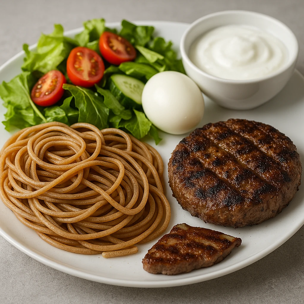 Repas protéiné avec steak haché, pâtes complètes, œuf, salade fraîche et yaourt, présenté dans une assiette équilibrée.