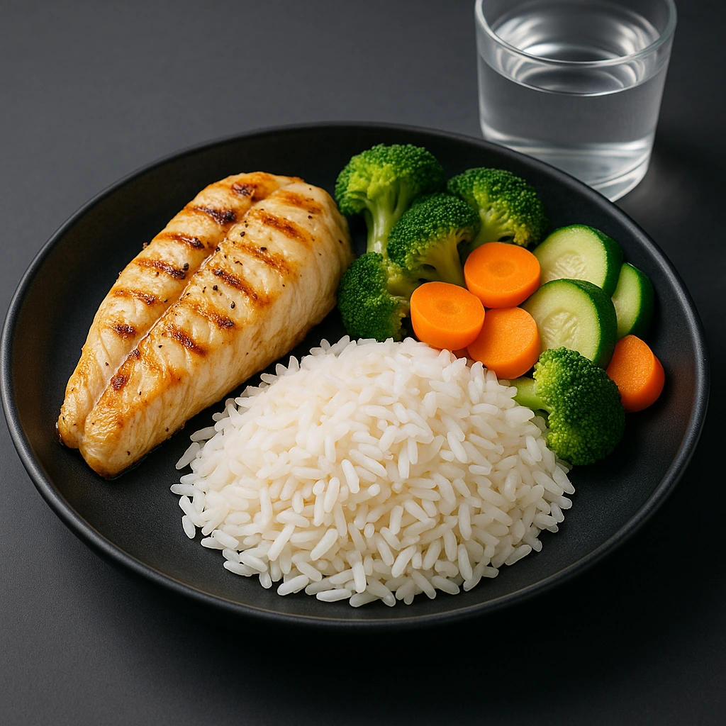 Assiette noire premium contenant du poisson blanc grillé, du riz basmati et des légumes vapeur – repas sain et riche en protéines.