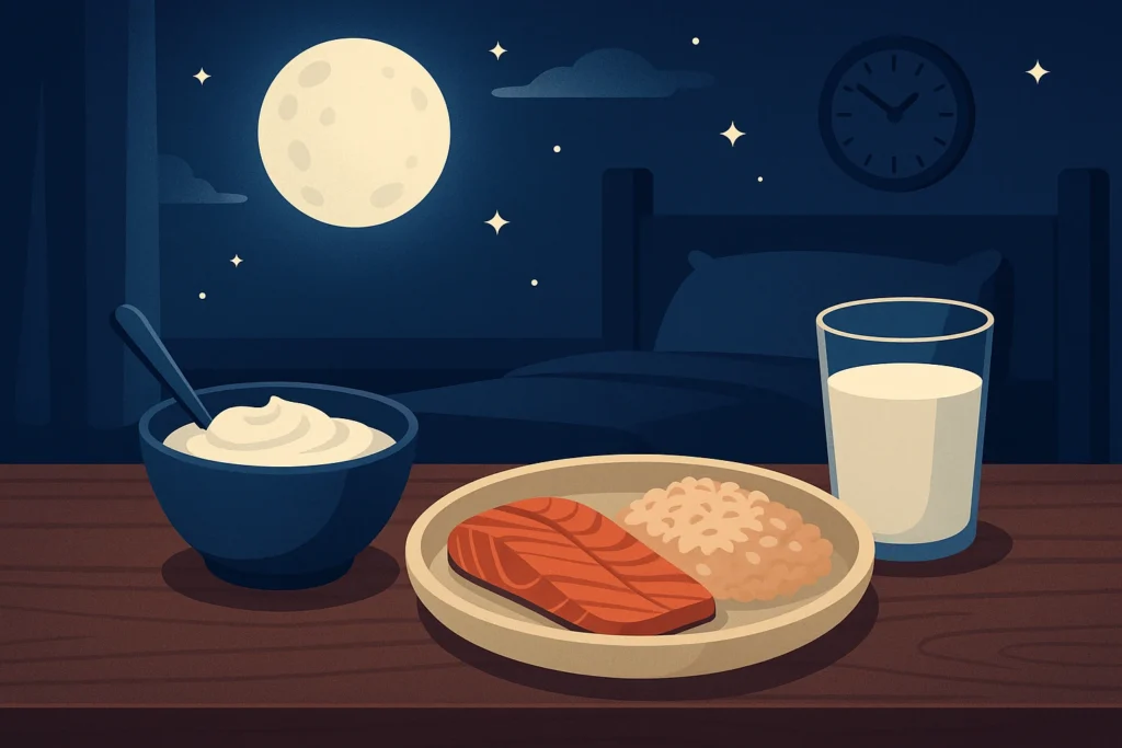 Repas du soir photographié en vue du dessus avec aliments légers adaptés au sommeil, présenté dans une ambiance sombre et apaisante.
