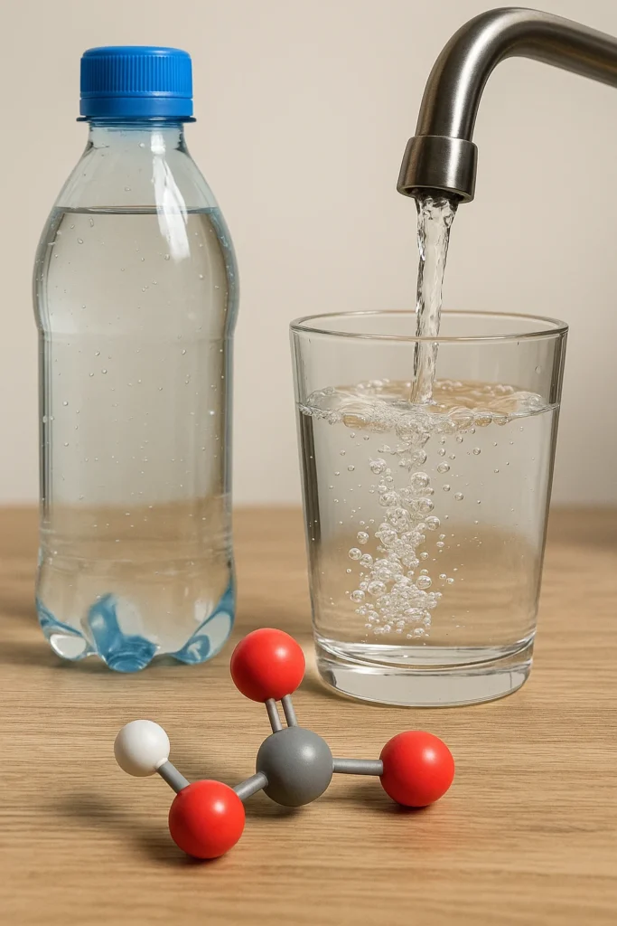 Verre d’eau du robinet en remplissage, bouteille d’eau minérale floue en arrière-plan et modèle moléculaire illustrant la composition chimique