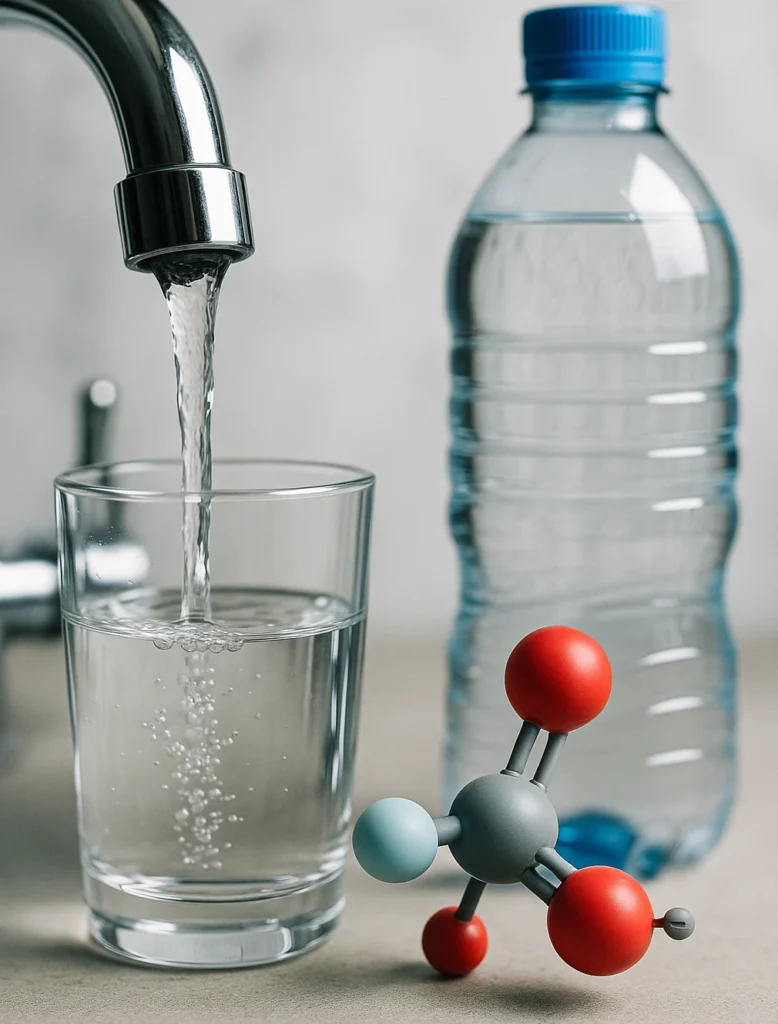 Bouteille d’eau minérale et verre d’eau du robinet avec représentation scientifique d’une molécule, ambiance réaliste et neutre.