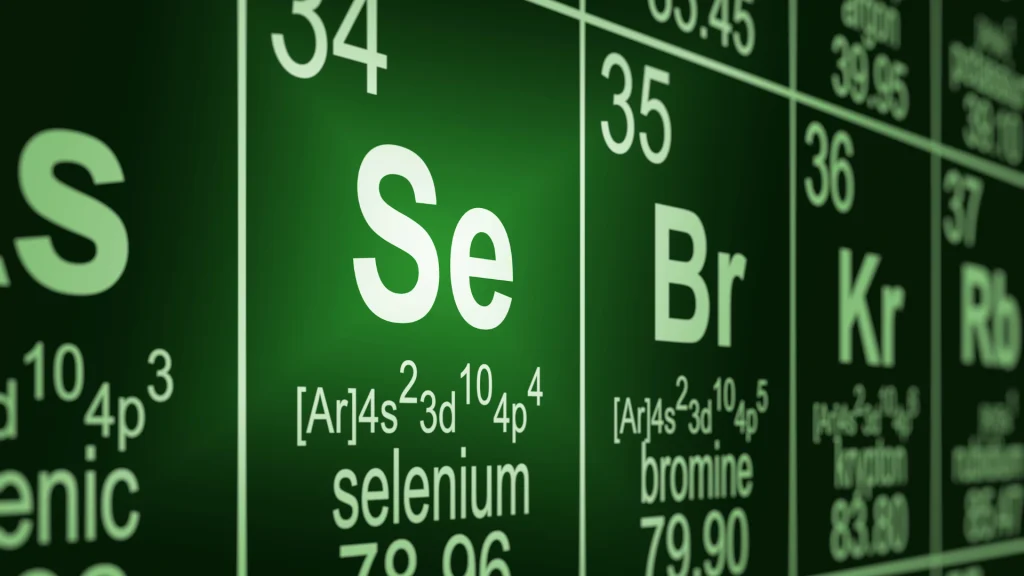 Le sélénium dans le tableau périodique Sélénium, symbole Se et numéro atomique 34, dans un tableau périodique vert.