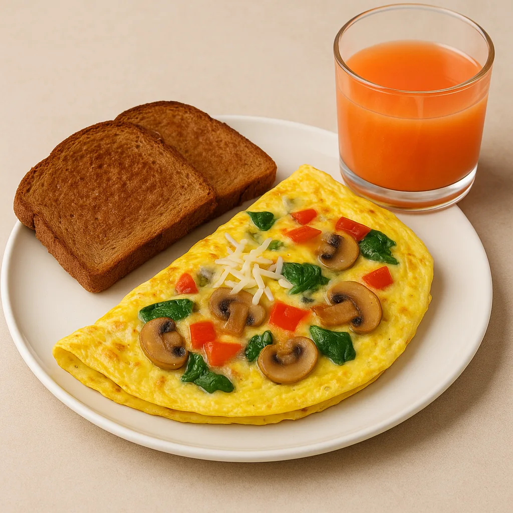 omelette aux légumes avec pain complet et jus de pamplemousse petit déjeuner protéiné