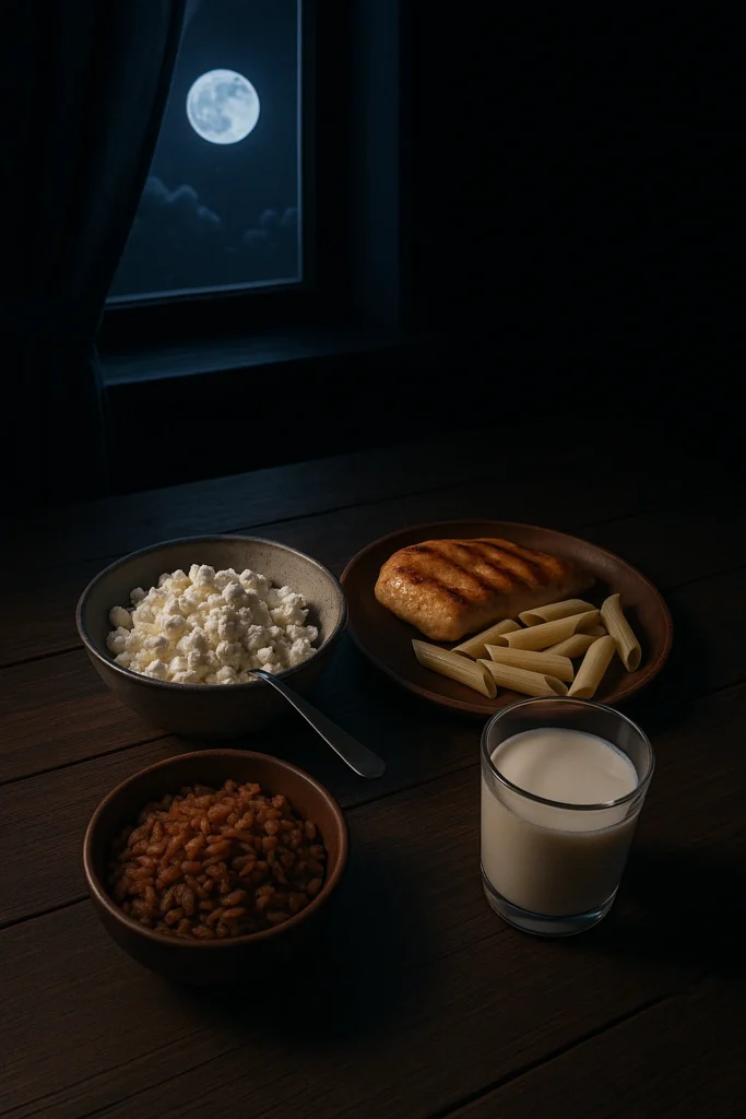 Illustration d’un repas du soir équilibré avec aliments légers adaptés au sommeil et à la récupération nocturne.
