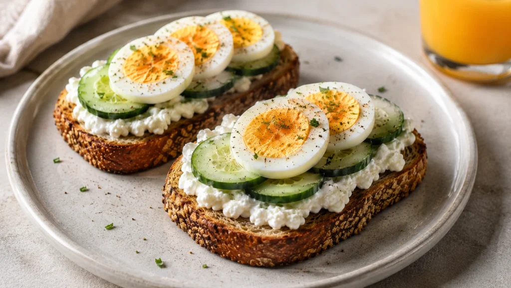 Toast au cottage cheese, concombre et œufs durs avec un verre de jus d’orange