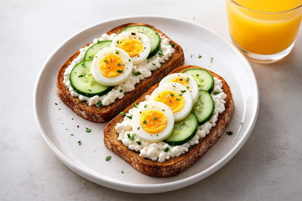 Toasts protéinés avec cottage cheese, concombre et œufs durs sur pain complet