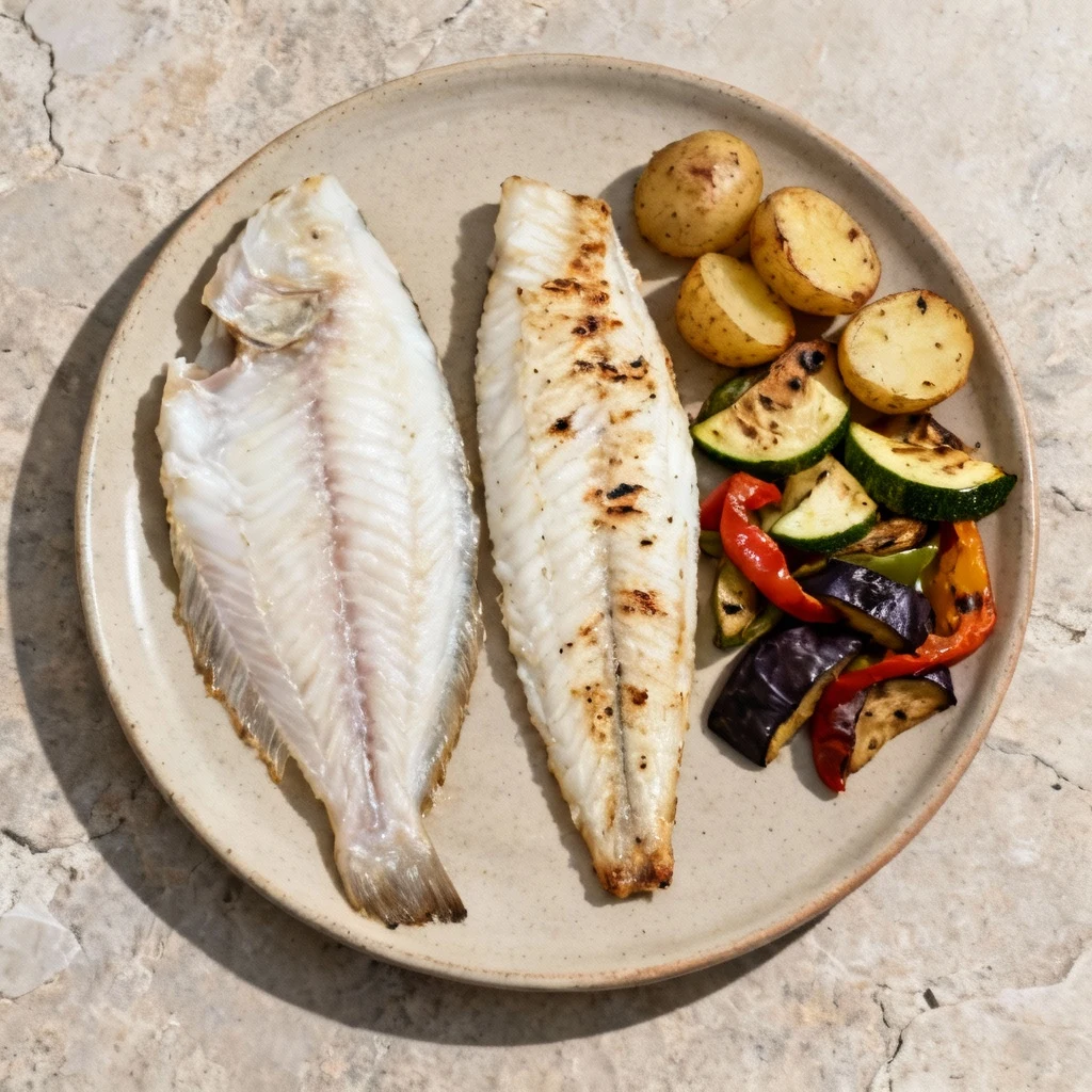 Repas méditerranéen Alpha avec sole et merlan, poissons blancs riches en protéines, légumes rôtis et pommes de terre