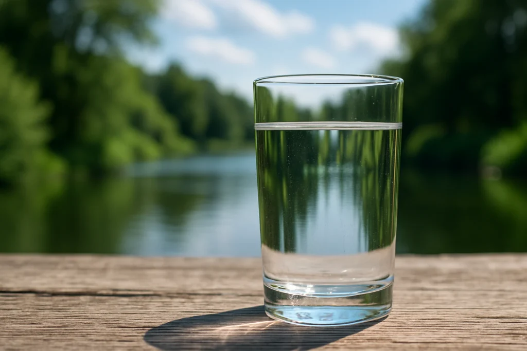 Verre d’eau claire posé sur une table avec un lac en arrière-plan.