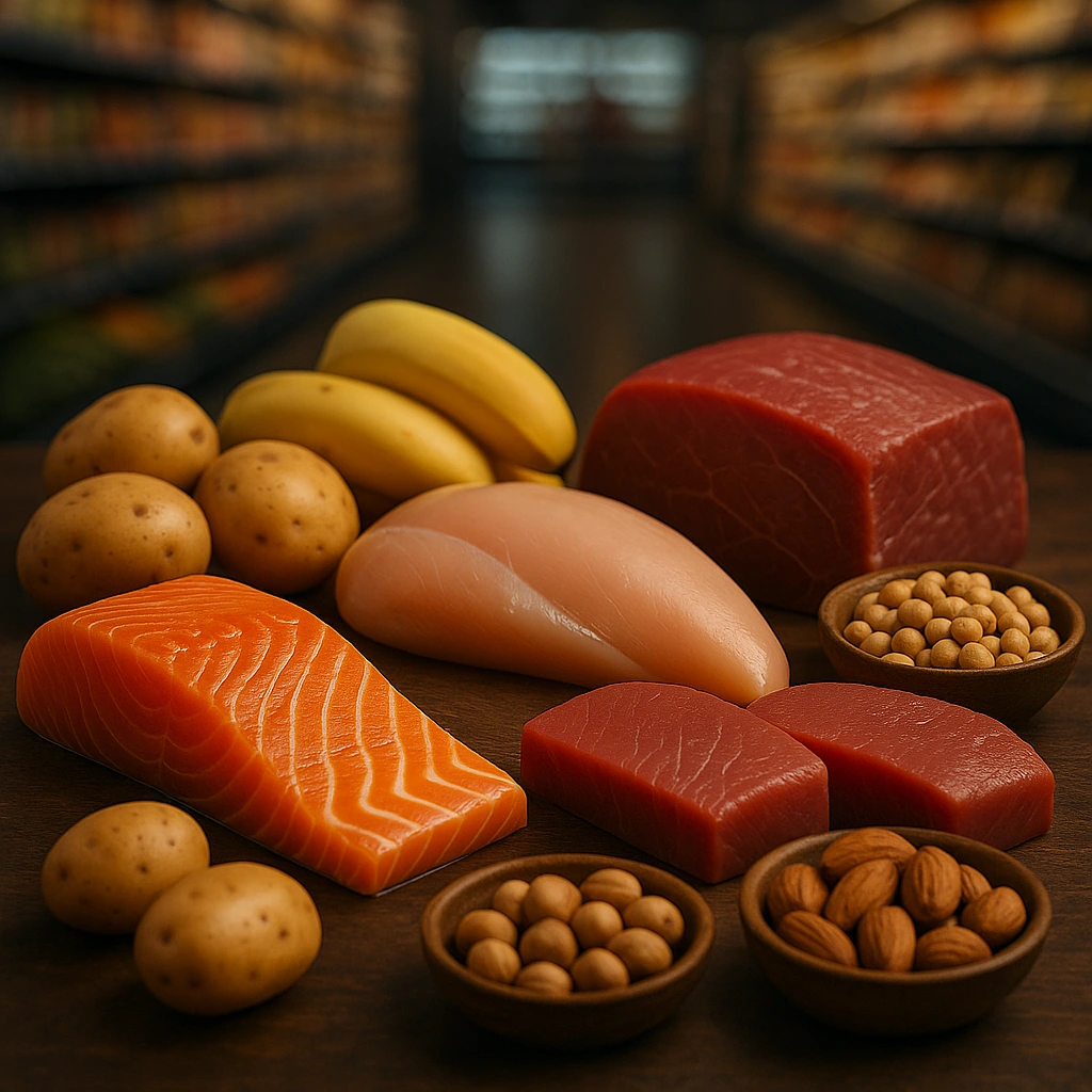 Sélection premium d’aliments riches en vitamine B6 — saumon, thon, volaille, bœuf, bananes, pois chiches, fruits à coque — présentés sur une table dans un supermarché haut de gamme.