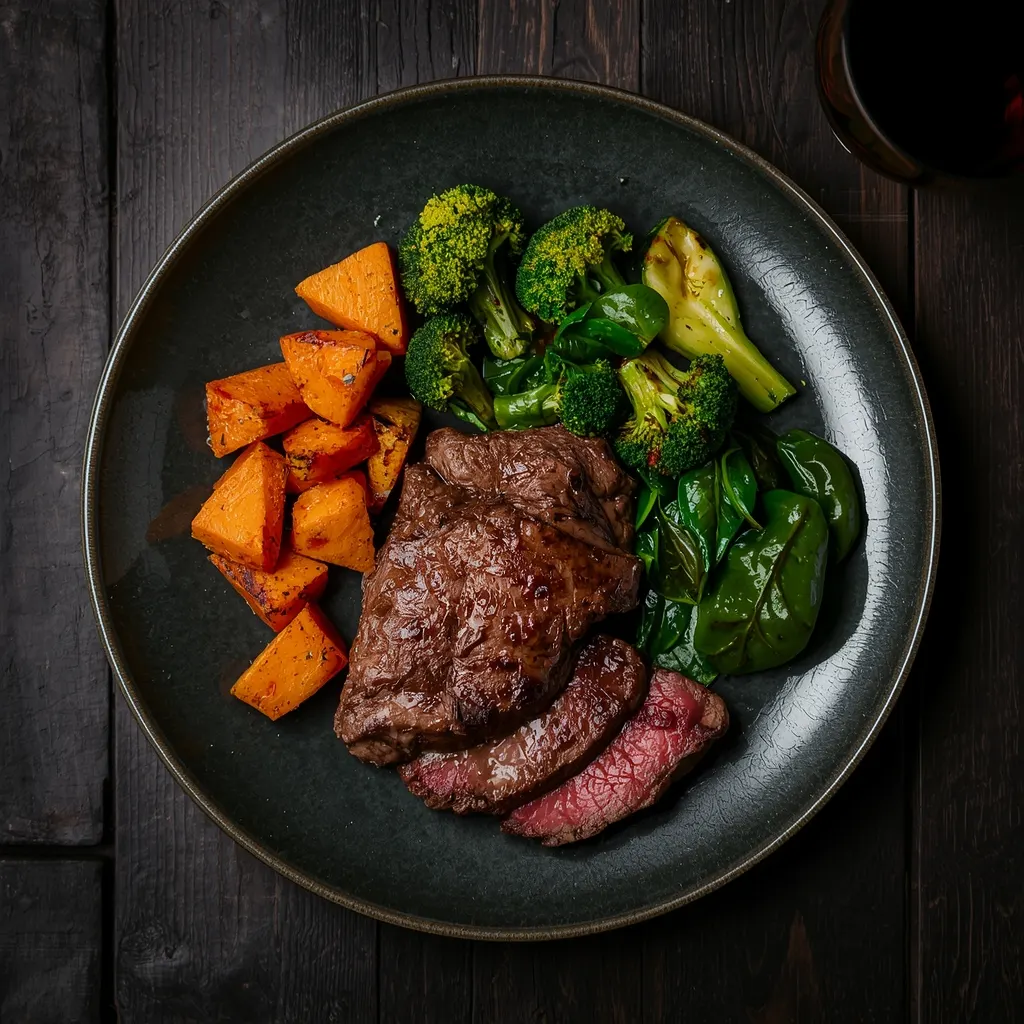 Bœuf grillé accompagné de brocoli et légumes verts dans un dîner riche en protéines