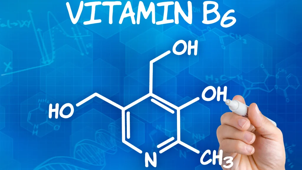 La pyridoxine est une forme de vitamine B6 Structure chimique de la pyridoxine, une forme de vitamine B6, dessinée en blanc sur fond bleu.