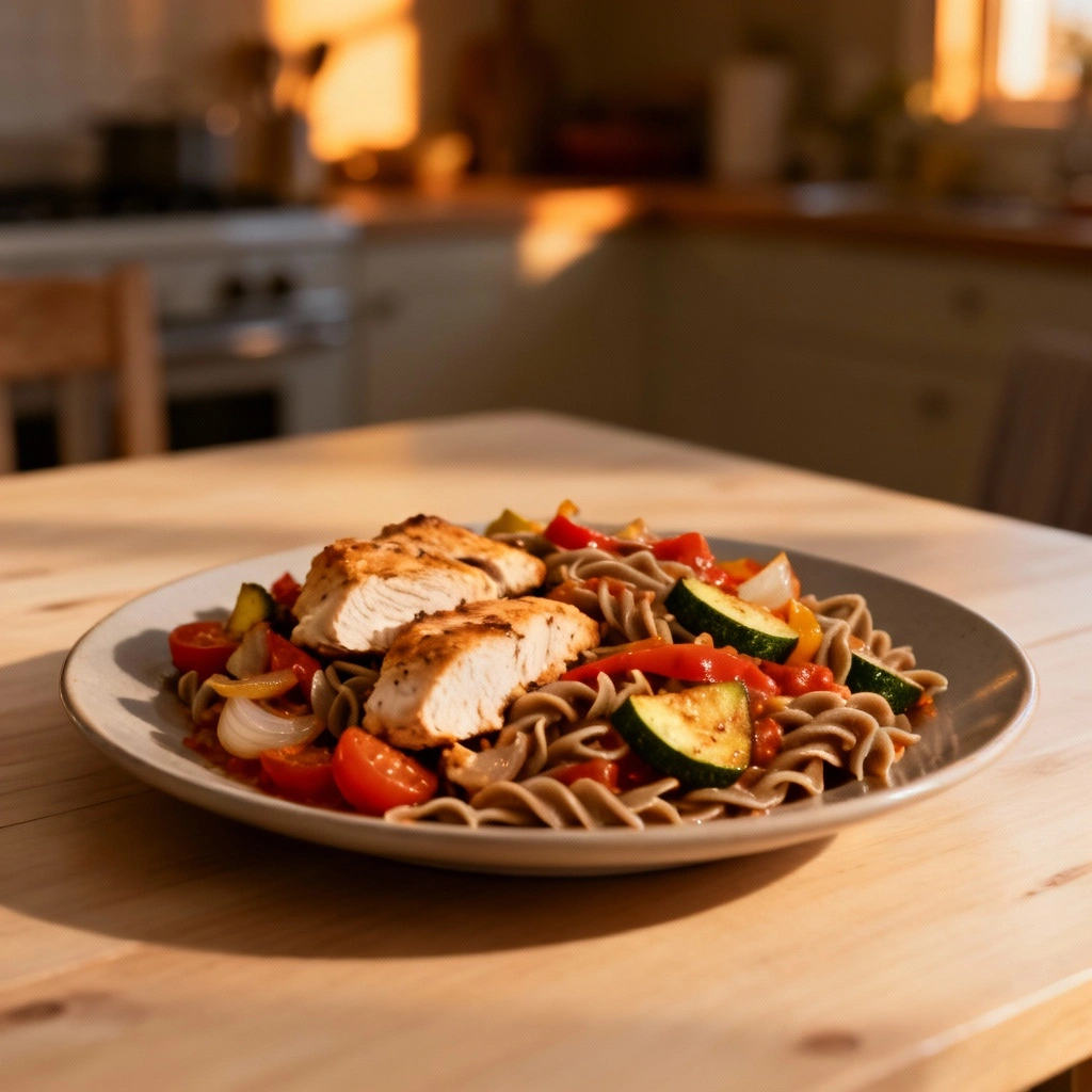 🍗 One-Pan Poulet, Pâtes Complètes & Légumes — Dîner Alpha