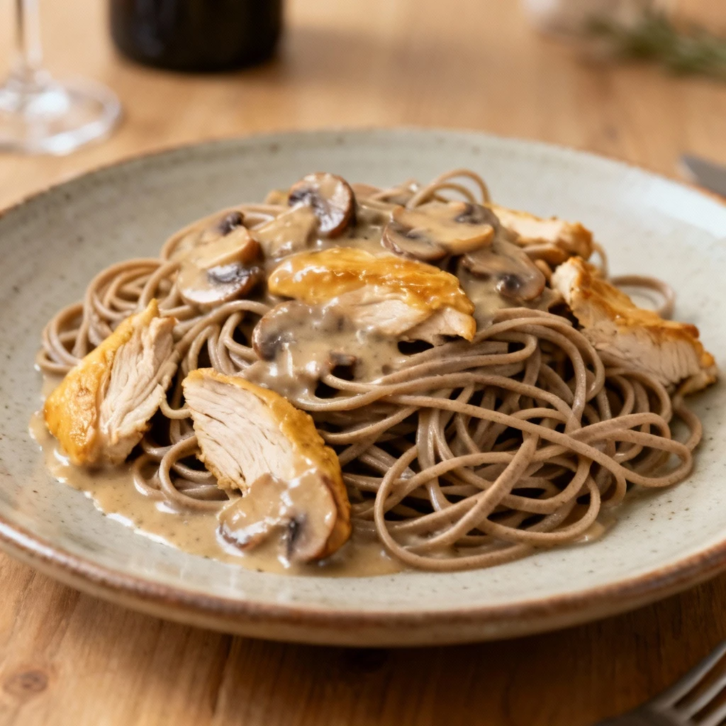 Pâtes complètes avec dinde et sauce aux champignons pour un dîner équilibré