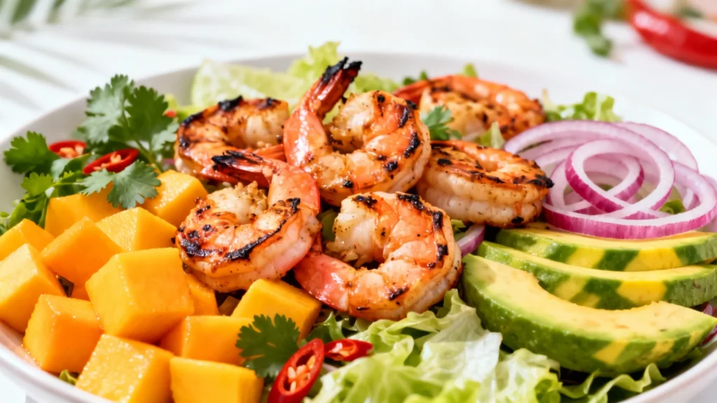 Salade de crevettes grillées avec mangue, avocat et citron vert.