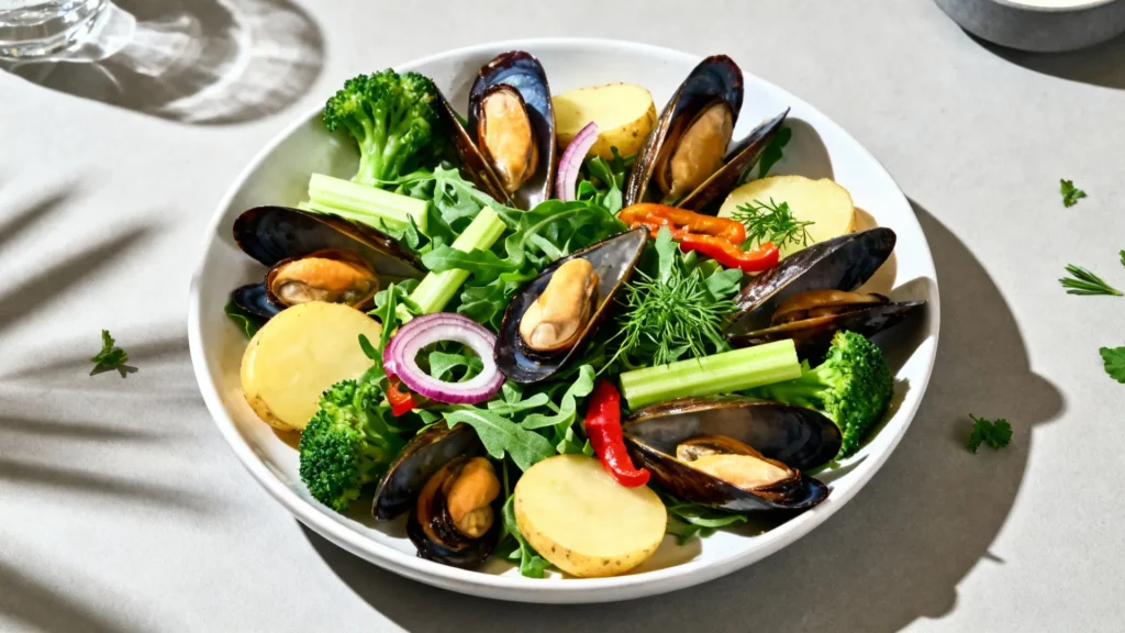 Salade de moules avec pommes de terre, brocoli et herbes fraîches