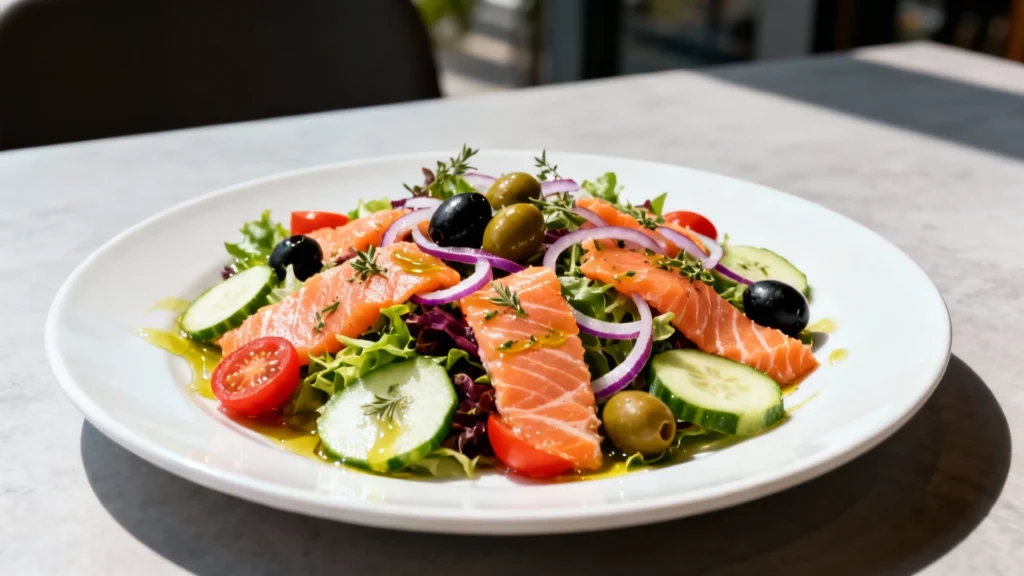 Photo réaliste de la Salade Méditerranéenne au saumon avec légumes frais.