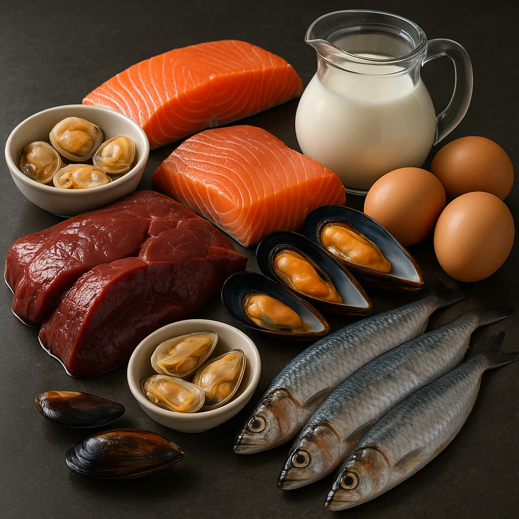 Aliments riches en vitamine B12 : saumon, sardines, foie de bœuf, palourdes, moules, œufs et lait en composition réaliste.