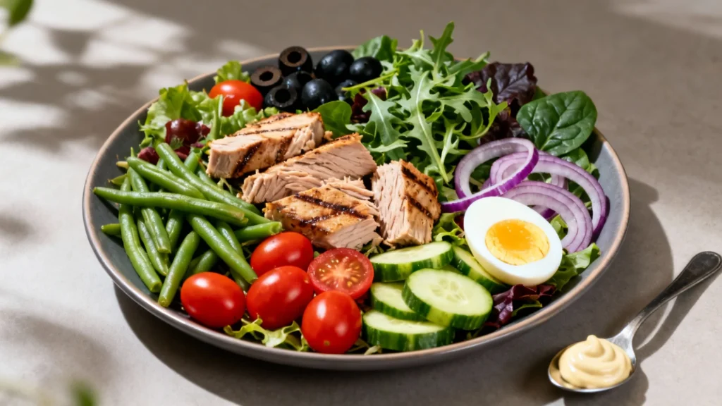 Salade niçoise moderne avec thon, œufs, légumes frais et olives, version saine et riche en protéines.