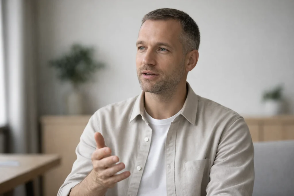 Homme en situation de conversation illustrant la verbalisation comme mobilisation cognitive et régulation interne.