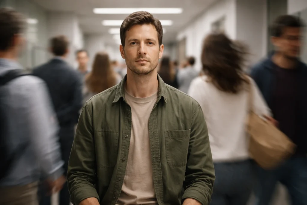 Homme adulte calme et concentré, immobile dans un environnement animé, illustrant la maîtrise mentale sous pression.
