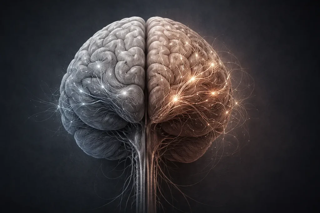 Illustration du cerveau humain montrant la différence entre régulation mentale efficace et surcharge cognitive prolongée sous stress