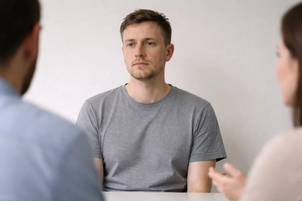 Participant silencieux et attentif lors d’une discussion, illustrant la retenue verbale associée à une stabilité cognitive et émotionnelle.