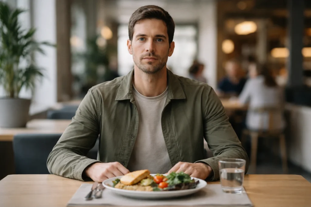 Homme adulte calme assis devant un repas, illustrant le lien entre alimentation et stabilité émotionnelle.