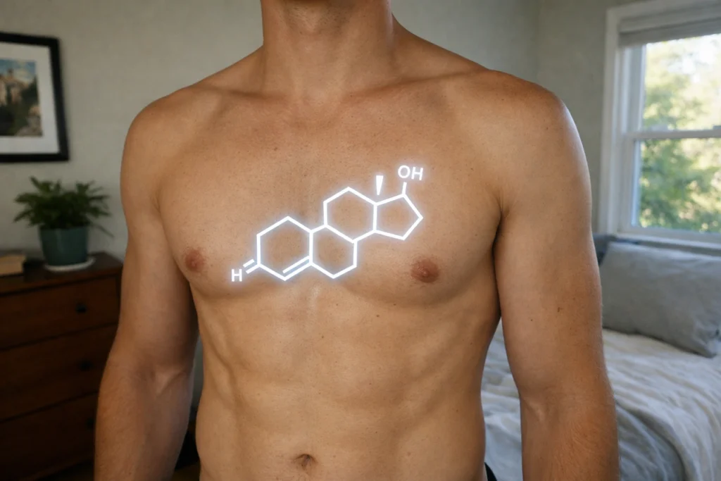 Représentation de la testostérone à 20 ans illustrant le pic hormonal physiologique masculin