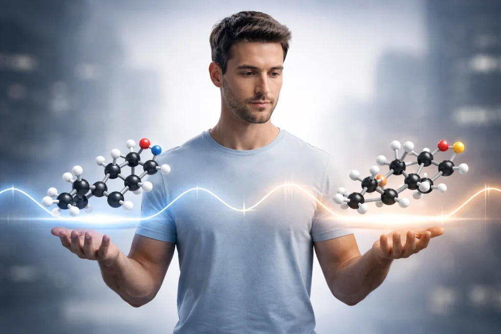 Illustration représentant un homme de 30 ans symbolisant l’équilibre entre charge physiologique et stabilité hormonale.