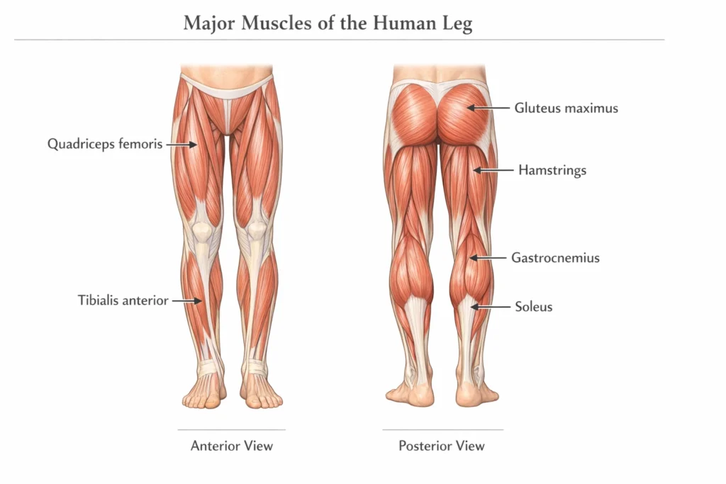 anatomy diagram of major human leg muscles including quadriceps hamstrings gastrocnemius and soleus