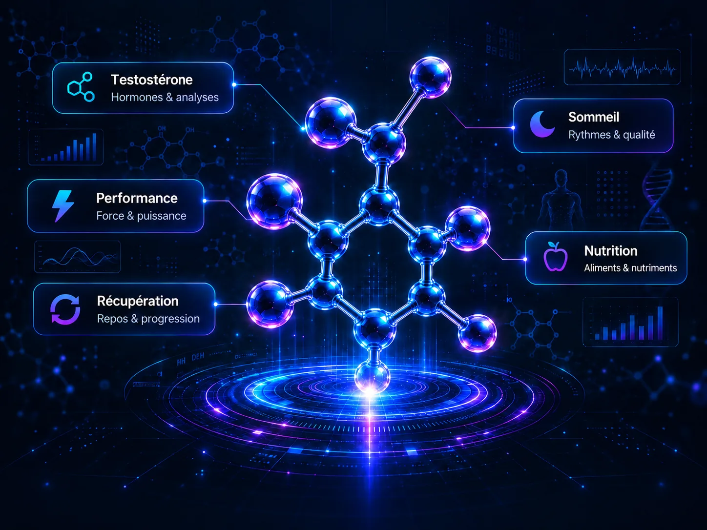 Illustration TestoAlpha : testostérone, performance, récupération, sommeil et nutrition.